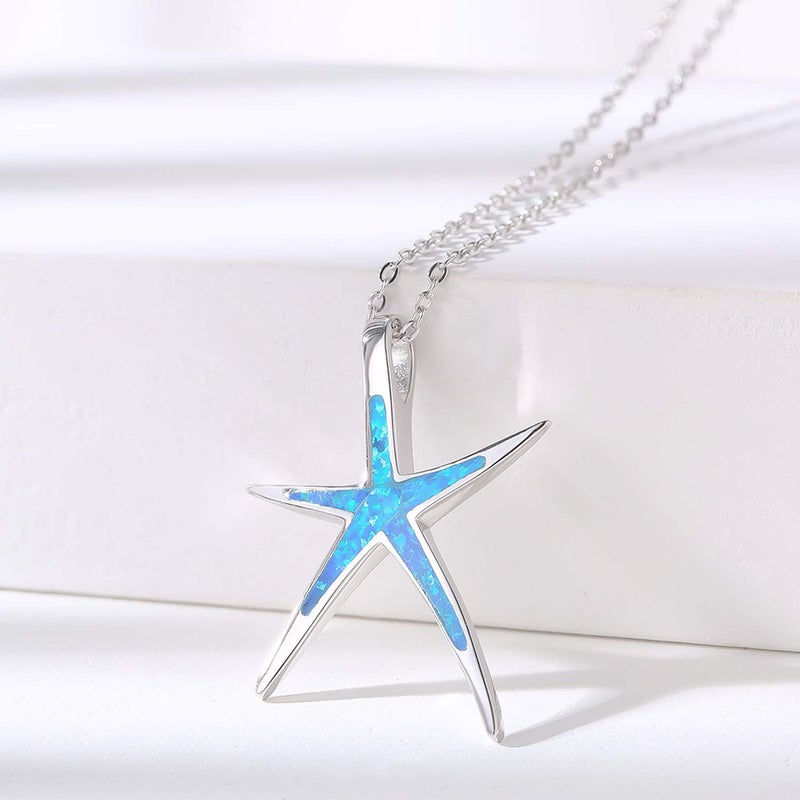 Cuoka Starfish Necklace, 925 Sterling Silver with Blue Opal, Hawaiian Beach Nautical Ocean Pendant, Starfish Jewelry Opal Jewelry for Women Girlfriend - Image 3